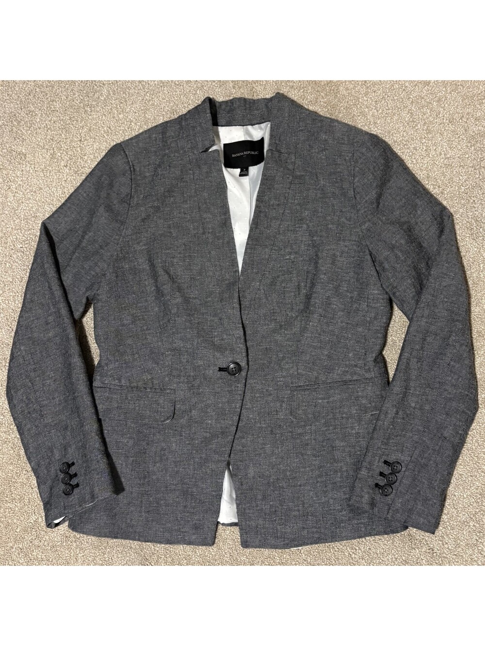 Banana Republic Womens Sz 4 Linen Blend Gray Chambray Blazer Jacket One Button